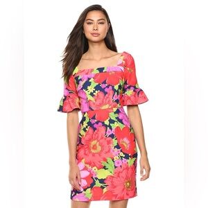 Trina Turk Women's Kanan Square Neck Ruffle Sleeve Shift Dress